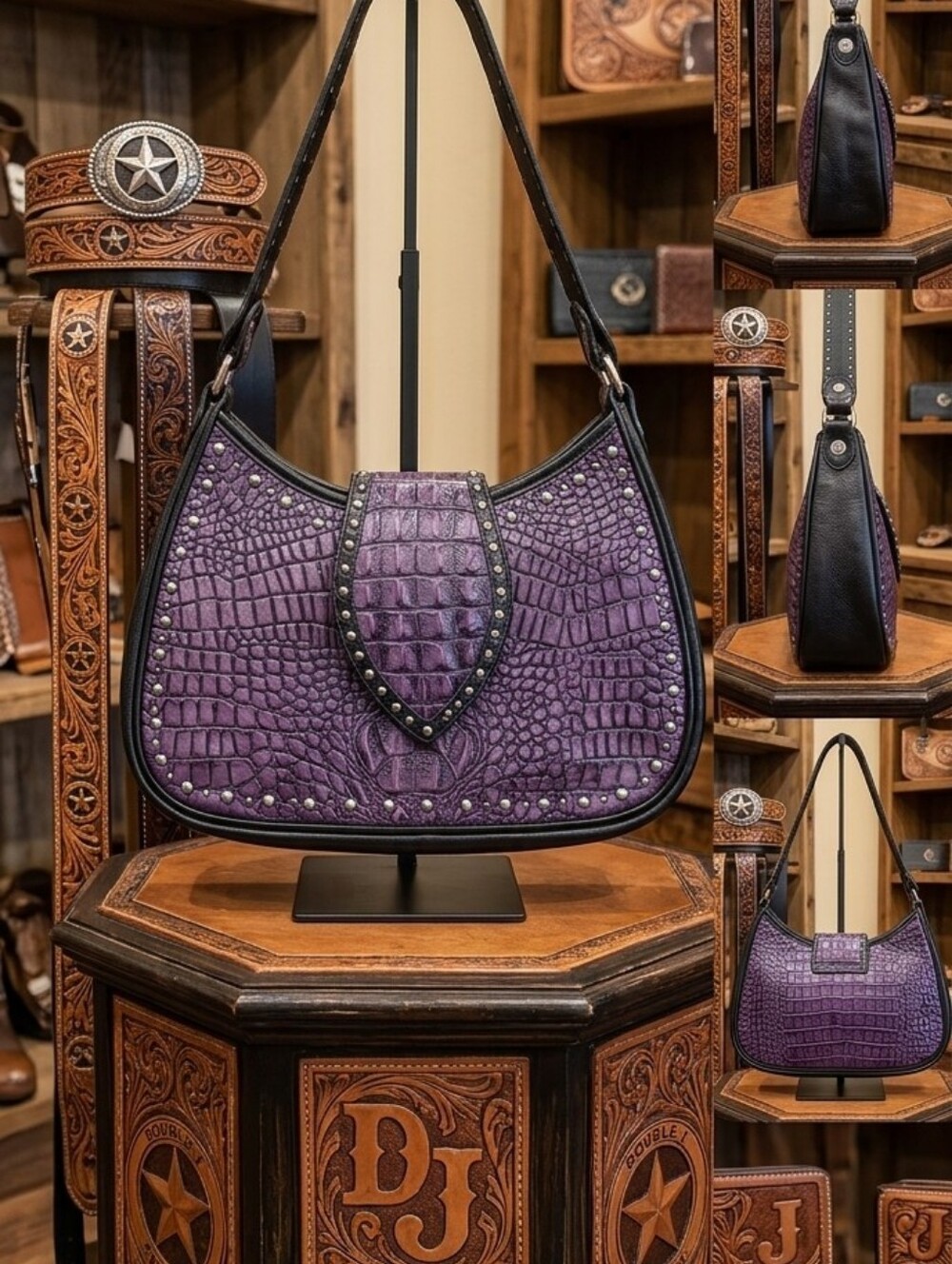 Double J Saddlery Genuine Leather Croc Purple Croc-Embossed Studded Shoulder Bag